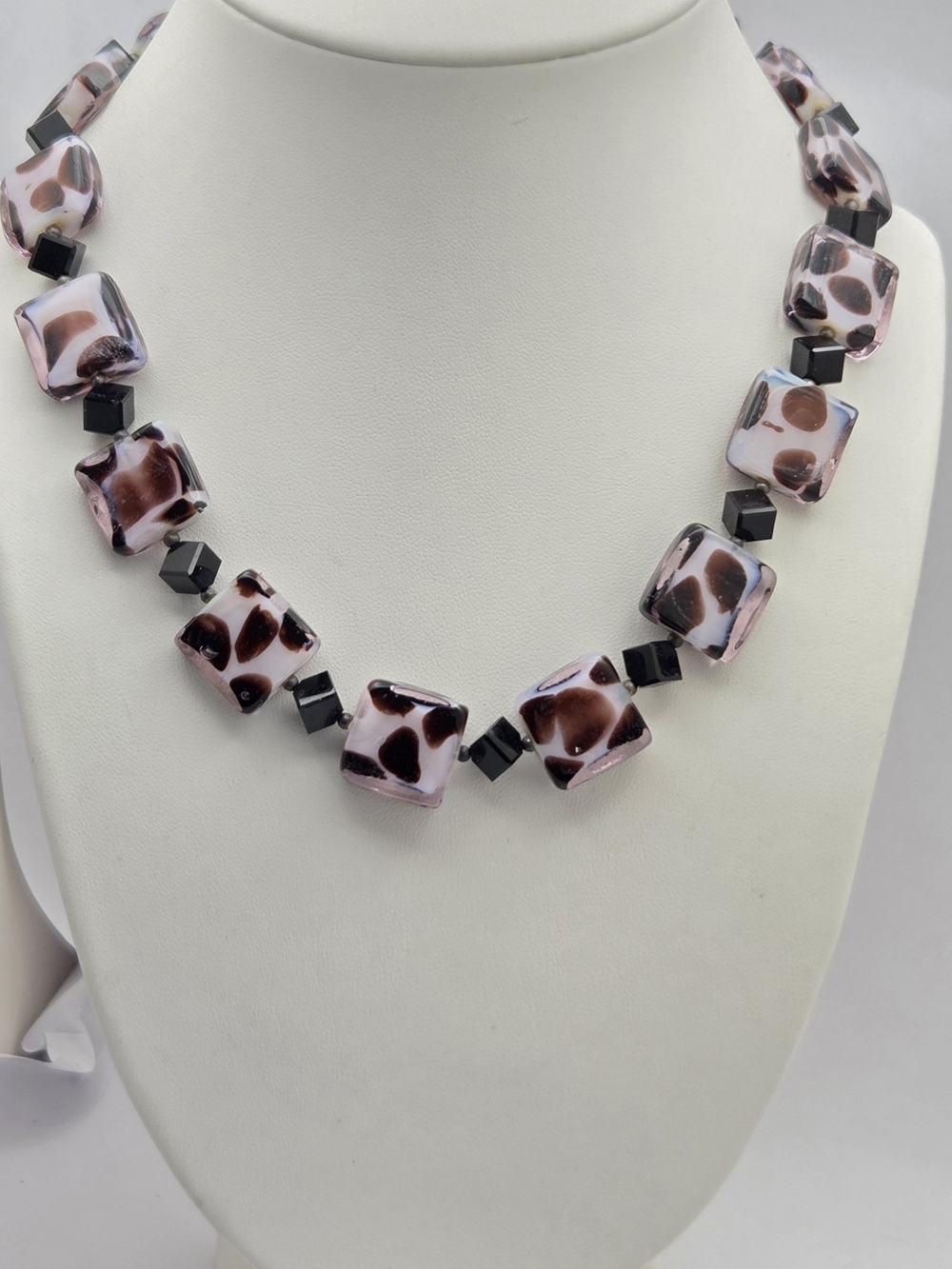 Leopard Animal Print Pink Lampwork Art Glass Square Bead Statement Necklace 17"